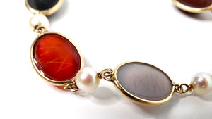 1970s Scarab Carved Multi-Gemstone & Pearl 12k Gold Filled Bracelet