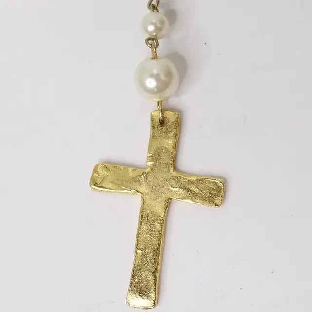 1990s 18K Gold Plated Faux Pearl Rosary Necklace