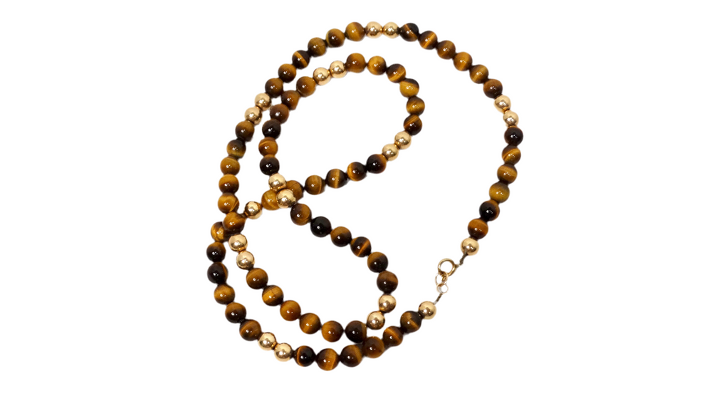 1980s Tiger's Eye and 14k Yellow Gold Beaded Necklace