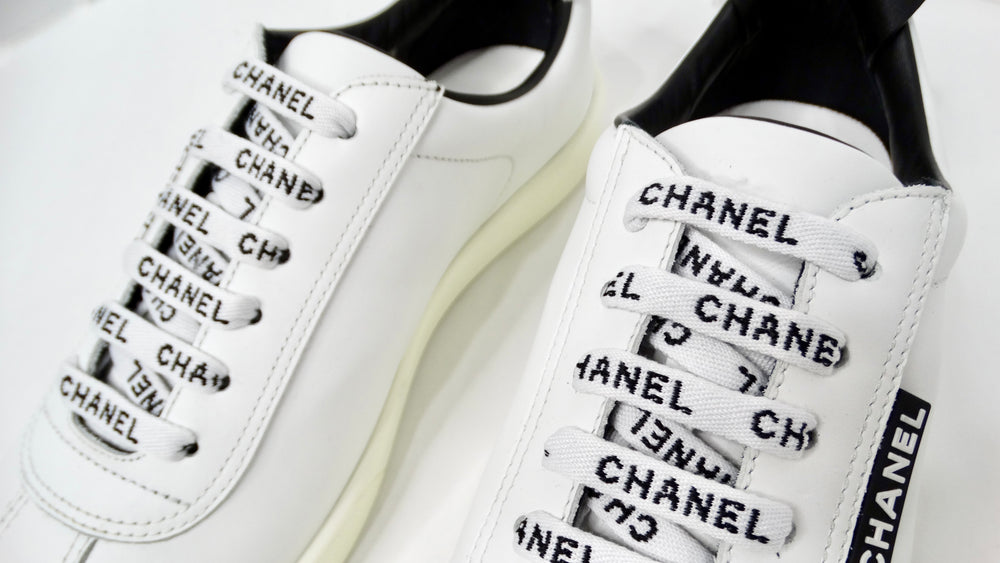 Chanel White & Black Calfskin Leather Sneakers