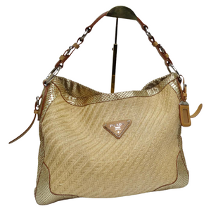 Prada Raffia Woven Jute & Gold Python-Trimmed Shoulder Bag