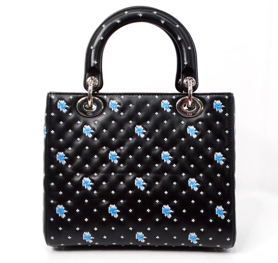 Christian Dior Black Calfskin Embroidered Flower Lady Dior Handbag circa 2015