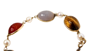1970s Scarab Carved Multi-Gemstone & Pearl 12k Gold Filled Bracelet