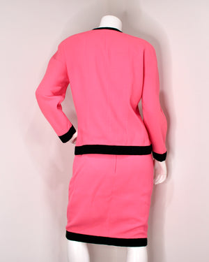 chanel pink suit dress CHANEL Spring 1991 Barbie Pink Suit Set with Black Patent Piping  Garment  Modern + Vintage