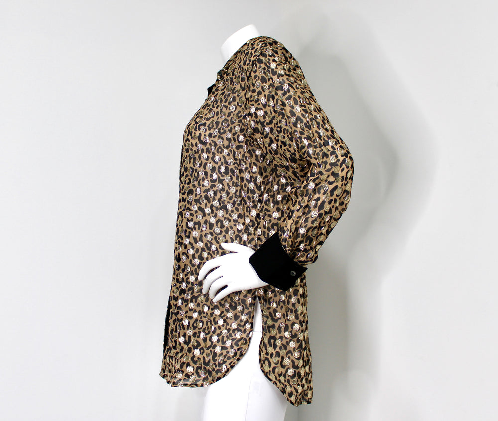Golden Goose Leopard Print Lamé Long-Sleeve Button-Up Blouse