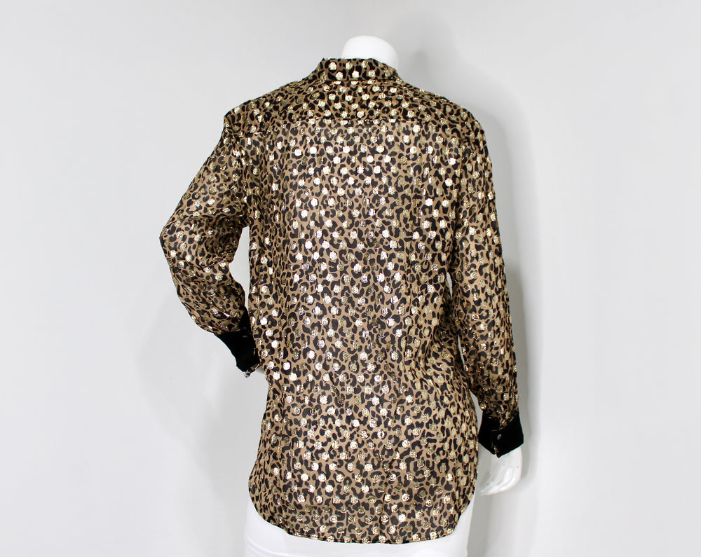 Golden Goose Leopard Print Lamé Long-Sleeve Button-Up Blouse
