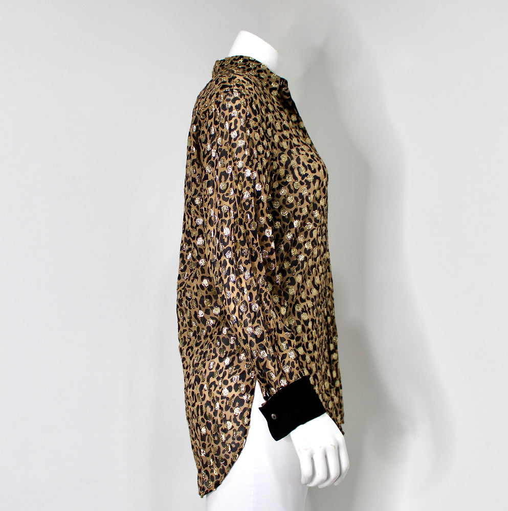 Golden Goose Leopard Print Lamé Long-Sleeve Button-Up Blouse