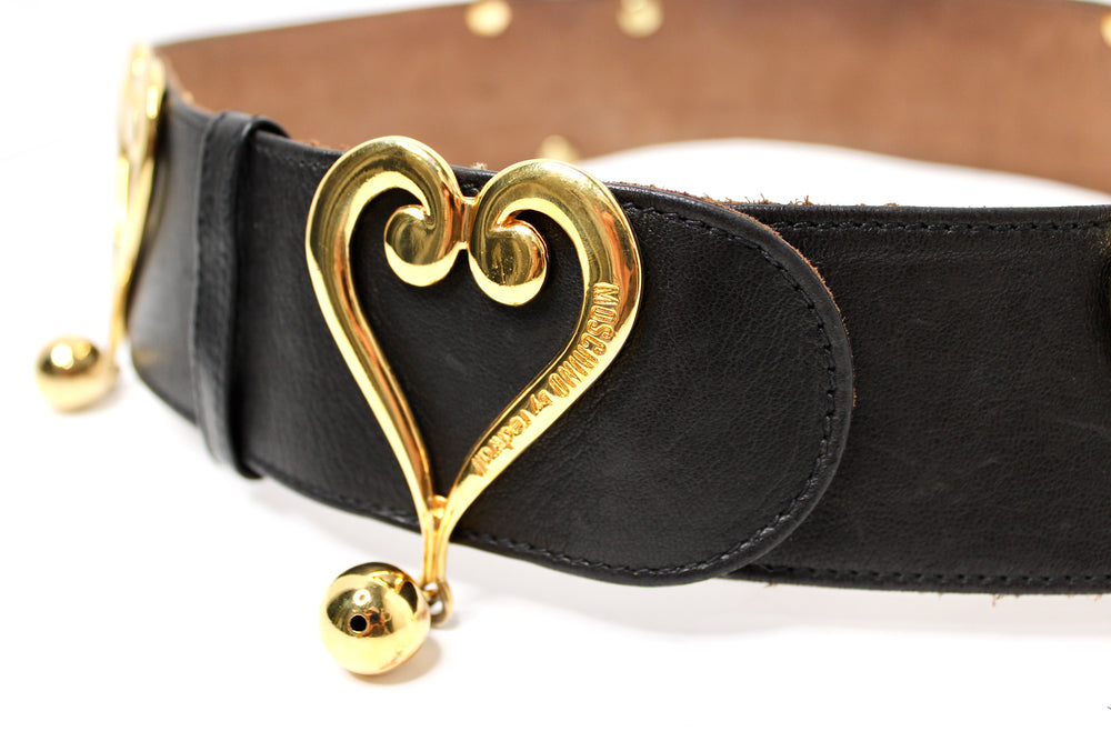 Moschino Redwall Black Leather Belt With Gold-Tone Heart Buckles circa 1980s