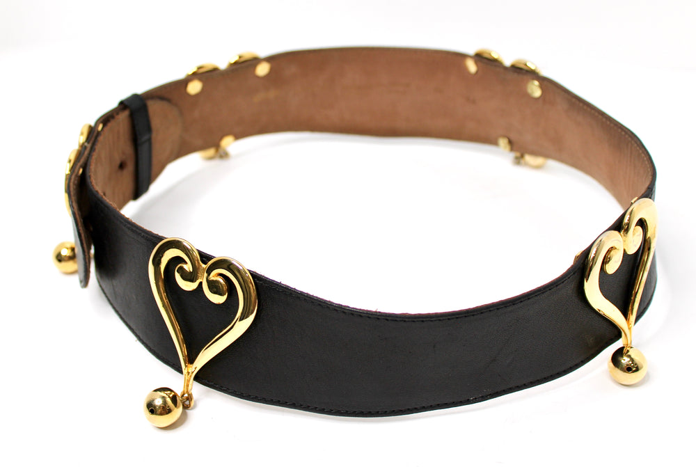 Moschino Redwall Black Leather Belt With Gold-Tone Heart Buckles circa 1980s