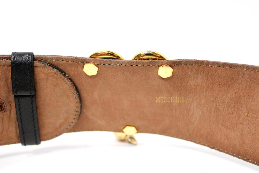 Moschino Redwall Black Leather Belt With Gold-Tone Heart Buckles circa 1980s