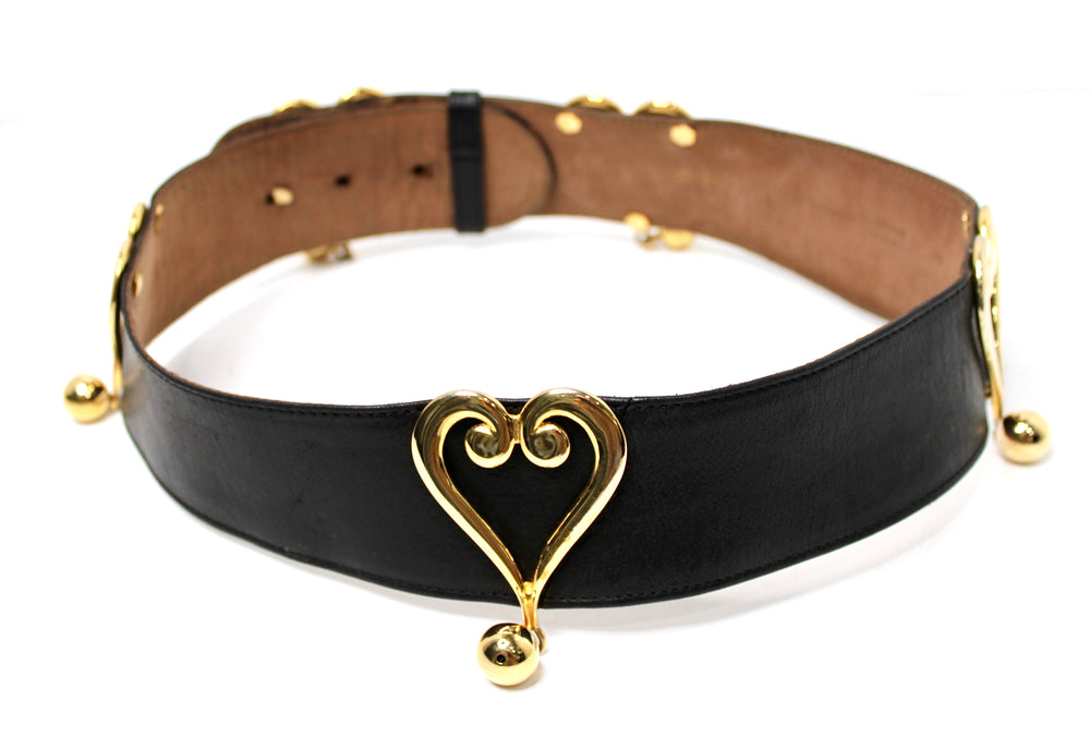 Moschino Redwall Black Leather Belt With Gold-Tone Heart Buckles circa 1980s