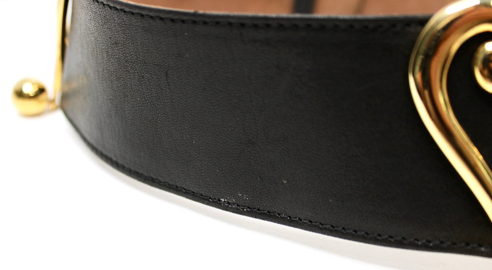 Moschino Redwall Black Leather Belt With Gold-Tone Heart Buckles circa 1980s