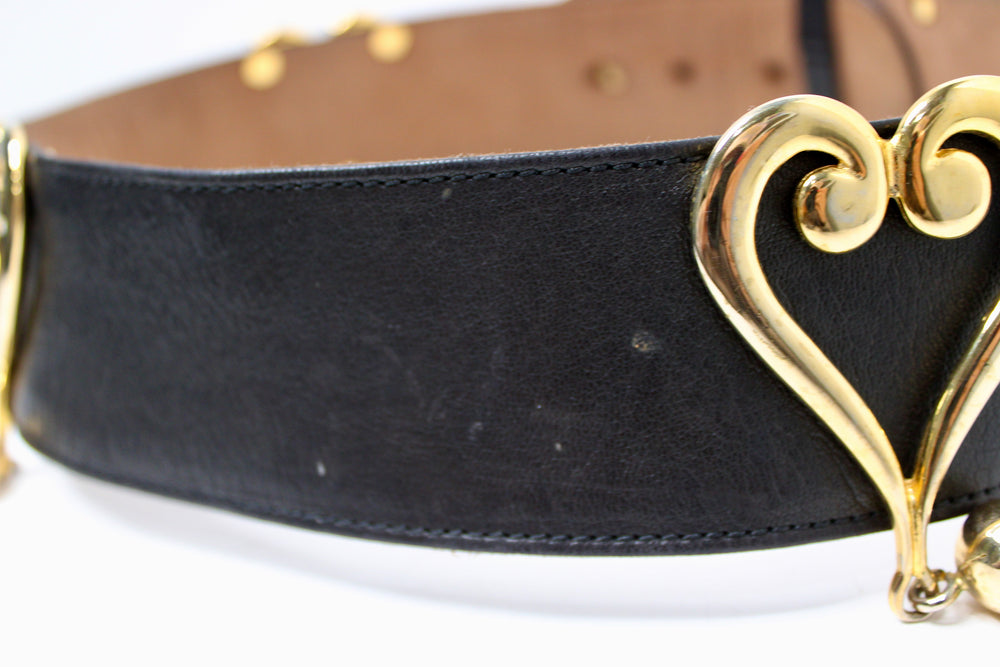 Moschino Redwall Black Leather Belt With Gold-Tone Heart Buckles circa 1980s