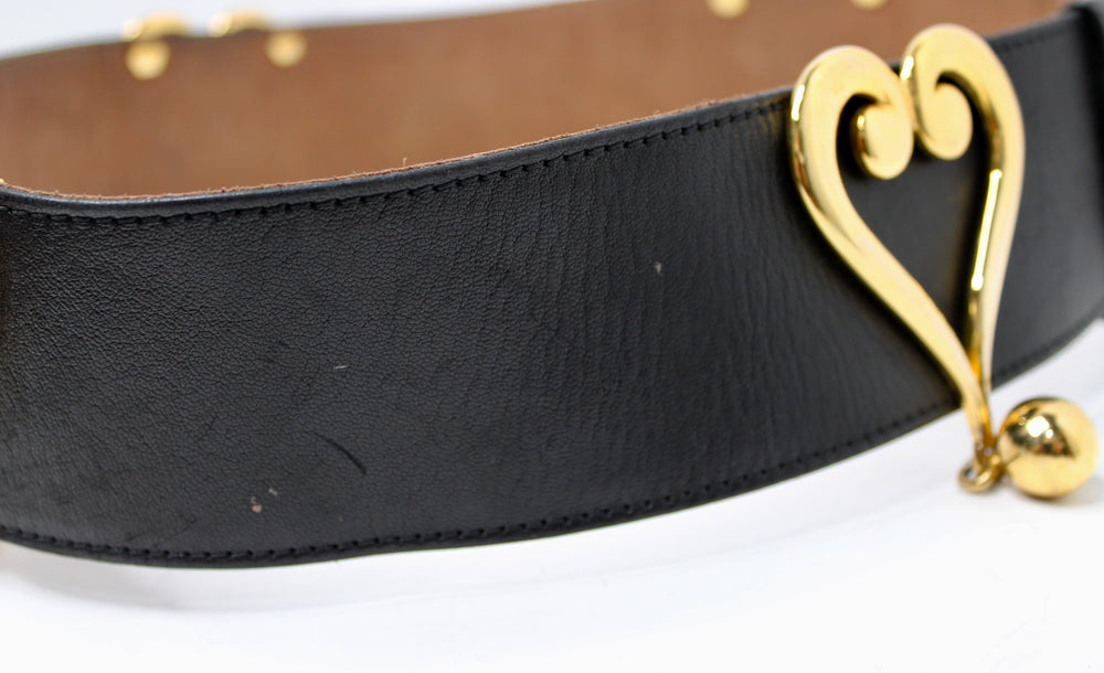 Moschino Redwall Black Leather Belt With Gold-Tone Heart Buckles circa 1980s