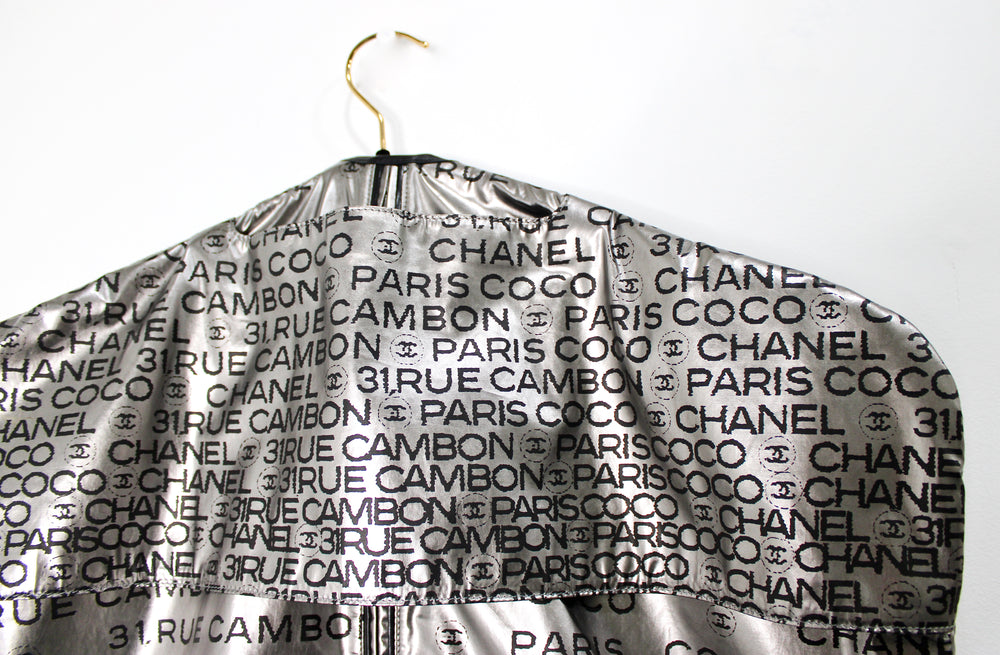 Chanel 31 Rue Cambon Paris Logo Silver Metallic Puffer Garment Bag