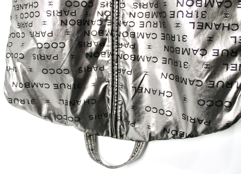 Chanel 31 Rue Cambon Paris Logo Silver Metallic Puffer Garment Bag