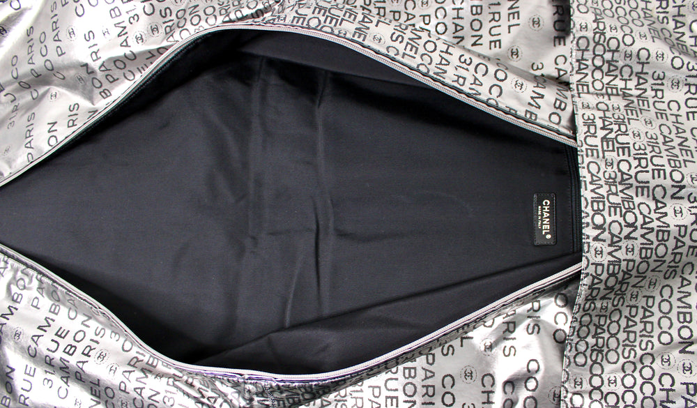 Chanel 31 Rue Cambon Paris Logo Silver Metallic Puffer Garment Bag