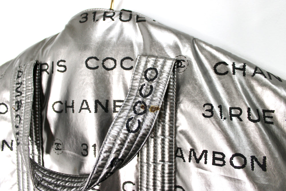 Chanel 31 Rue Cambon Paris Logo Silver Metallic Puffer Garment Bag