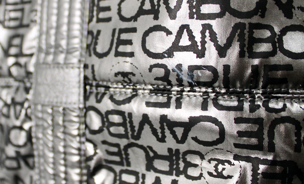 Chanel 31 Rue Cambon Paris Logo Silver Metallic Puffer Garment Bag