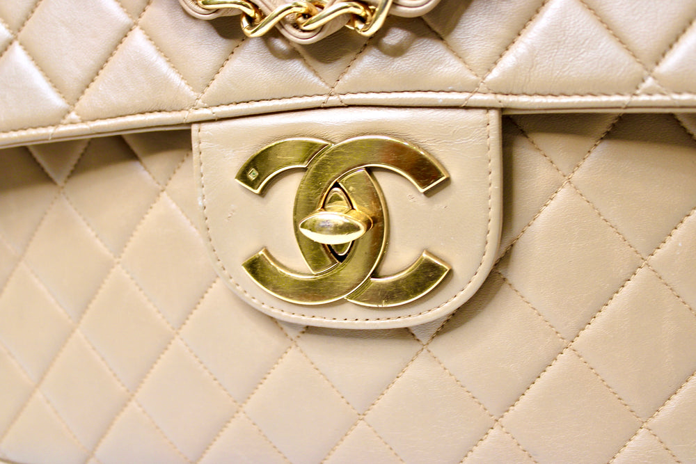 Chanel Large Beige Quilted Lambskin Single Flap Handbag circa 1994-96