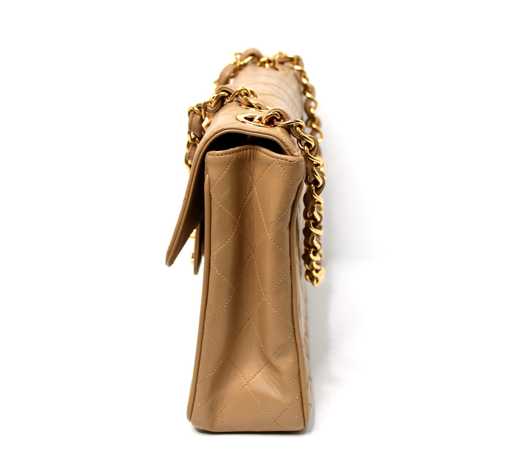 Chanel Large Beige Quilted Lambskin Single Flap Handbag circa 1994-96