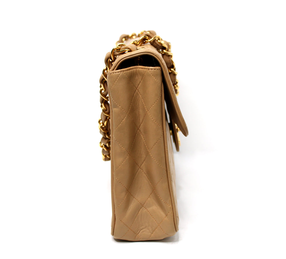 Chanel Large Beige Quilted Lambskin Single Flap Handbag circa 1994-96