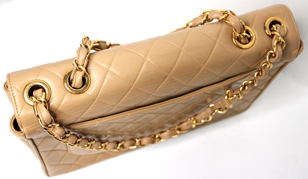 Chanel Large Beige Quilted Lambskin Single Flap Handbag circa 1994-96