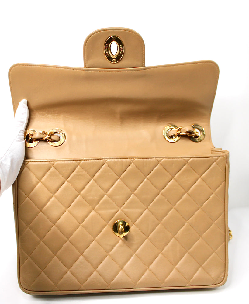 Chanel Large Beige Quilted Lambskin Single Flap Handbag circa 1994-96