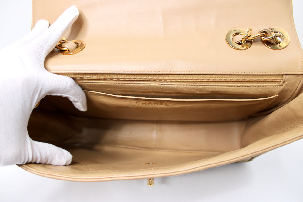 Chanel Large Beige Quilted Lambskin Single Flap Handbag circa 1994-96