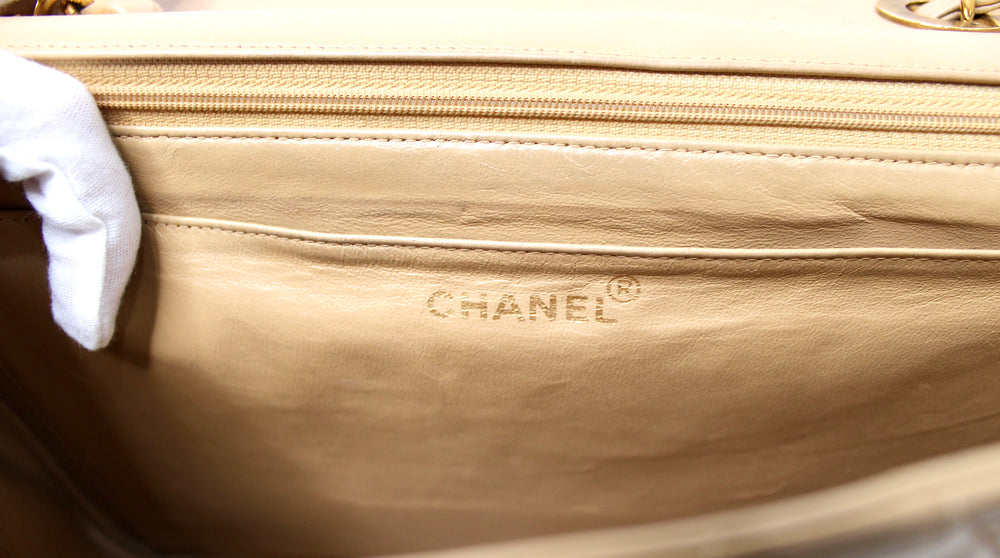 Chanel Large Beige Quilted Lambskin Single Flap Handbag circa 1994-96