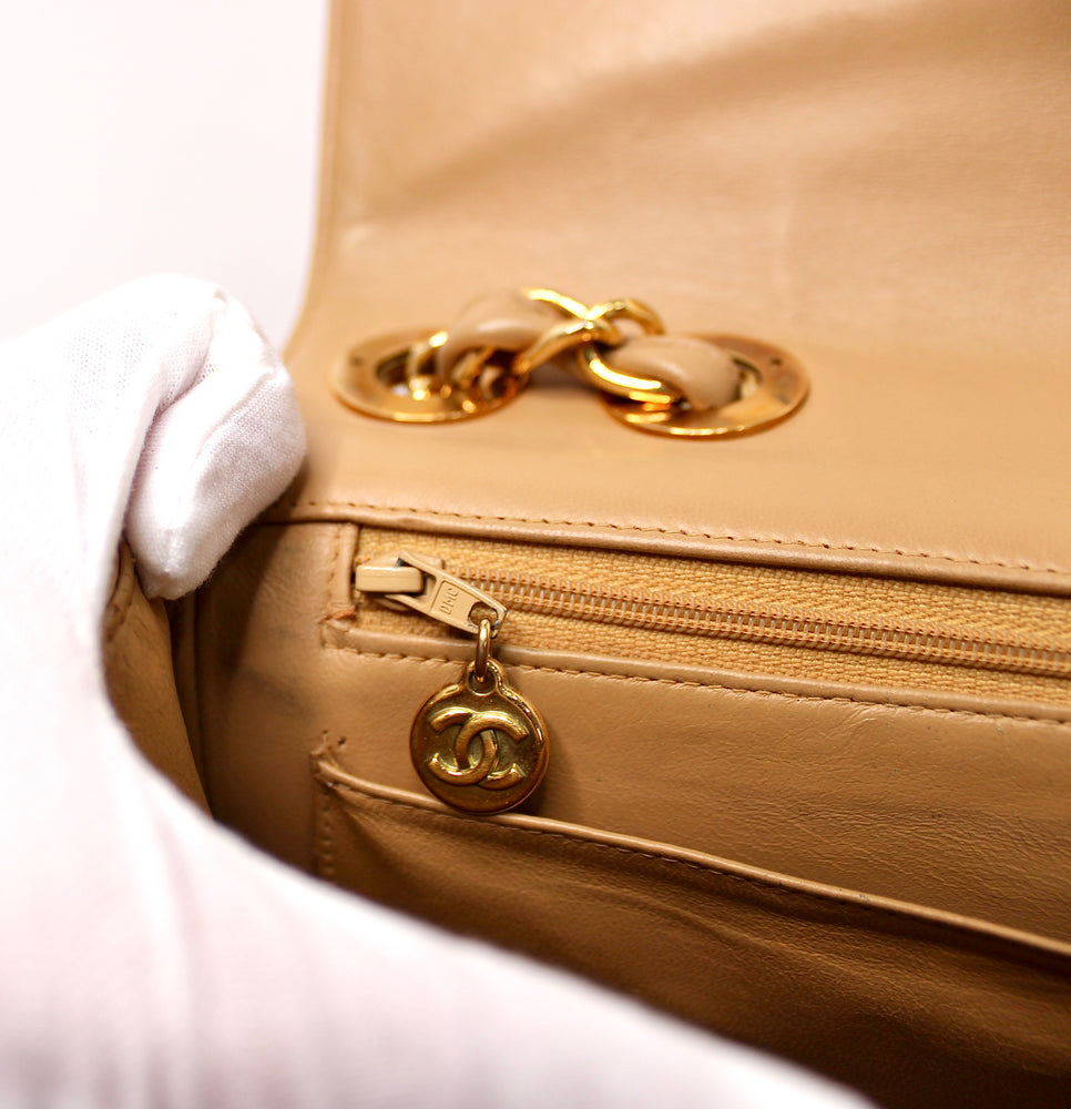 Chanel Large Beige Quilted Lambskin Single Flap Handbag circa 1994-96