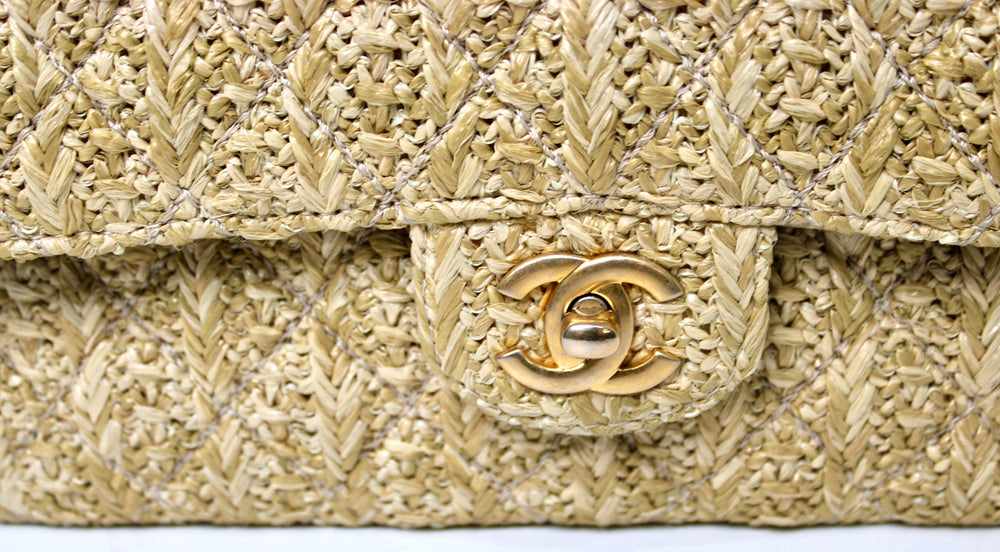 Chanel Beige Quilted Raffia Classic Double Flap Handbag circa 2017