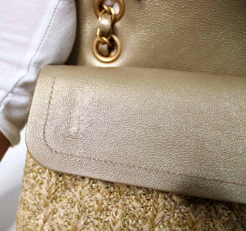 Chanel Beige Quilted Raffia Classic Double Flap Handbag circa 2017