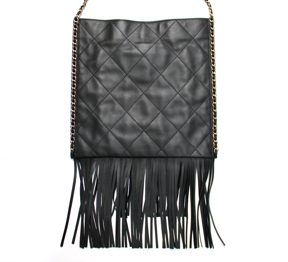 Chanel Black Quilted Calfskin Fringe Flat Tote Bag