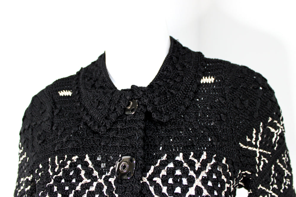 Oscar De La Renta Black & White Crochet Cropped Half-Sleeve Jacket