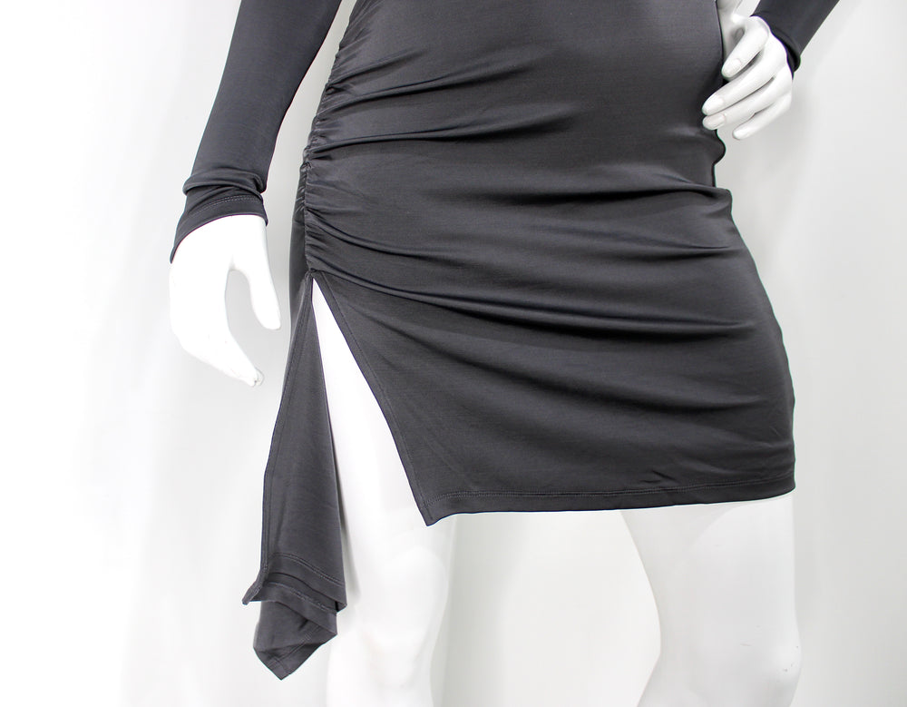 Et Ochs Grey Mackenzie Asymmetrical Neck Long-Sleeve Mini Dress