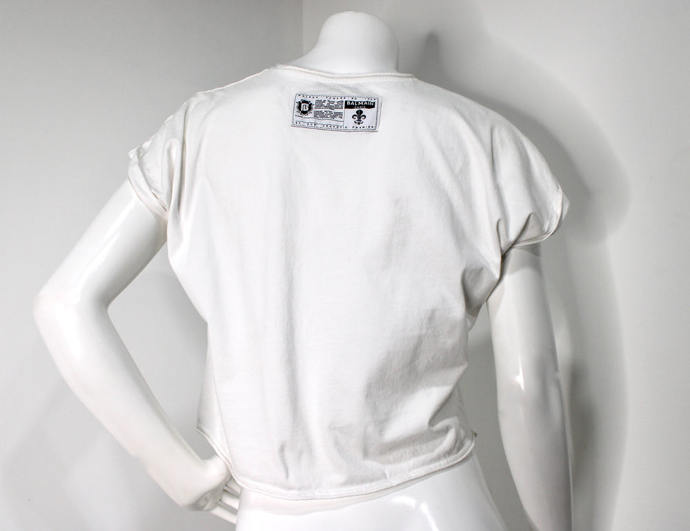 Balmain White & Black Graffiti Style Cotton Cropped T-Shirt