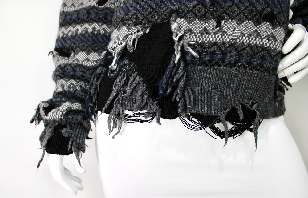 Balenciaga Grey Destroyed Fair Isle Virgin Wool Blend Sweater