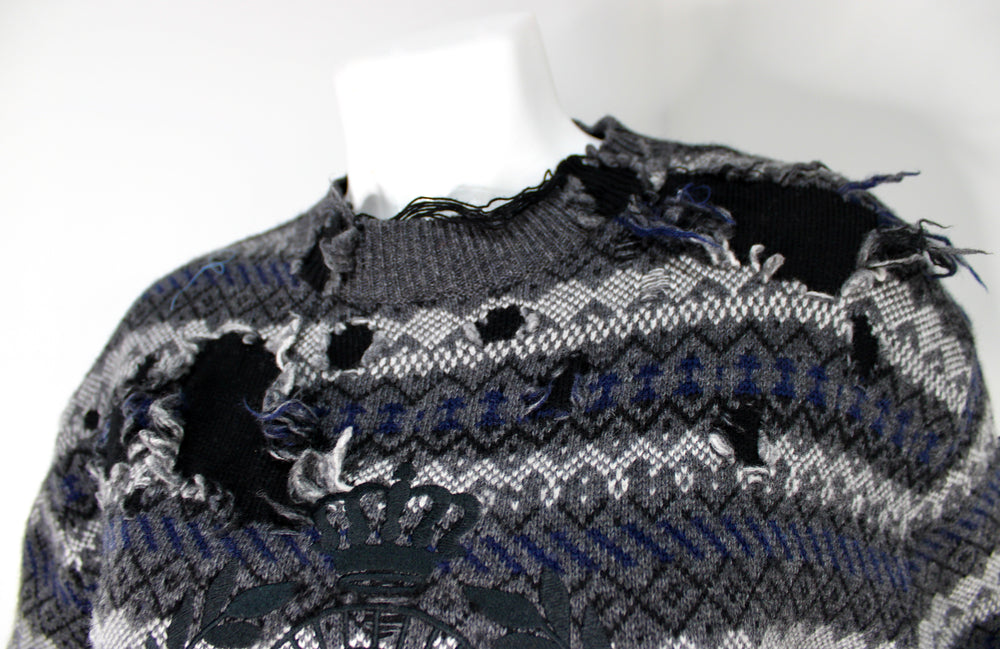 Balenciaga Grey Destroyed Fair Isle Virgin Wool Blend Sweater