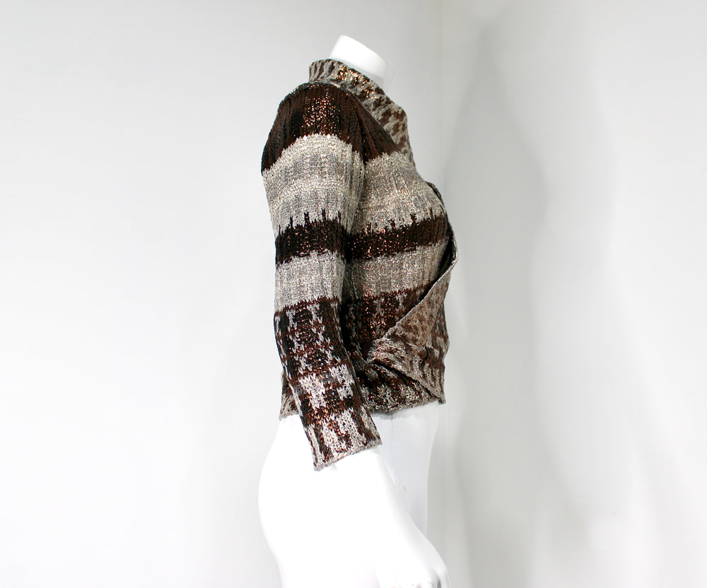 Oscar De La Renta Bronze Silk Knit Wrap Cardigan