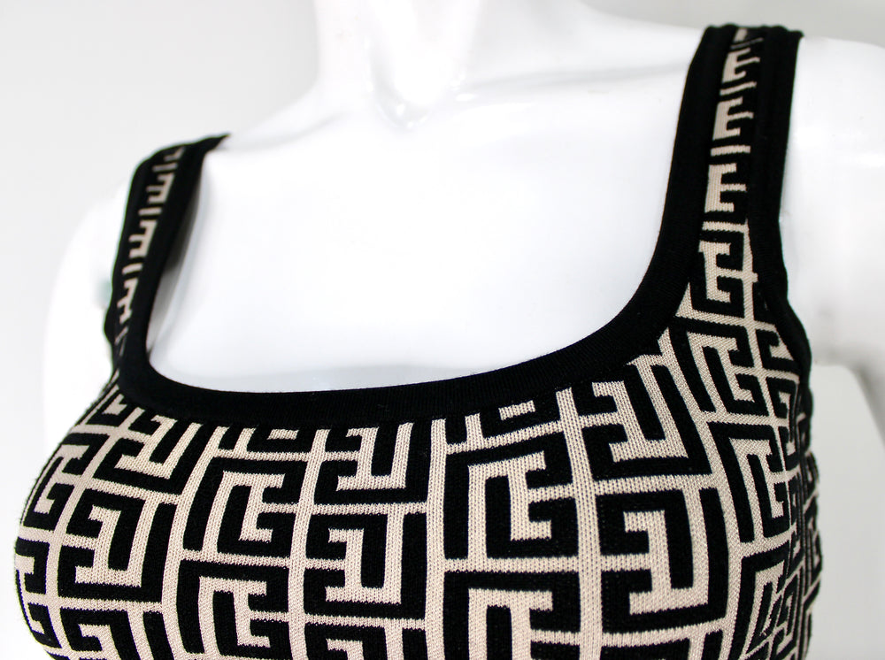 Balmain Jacquard Knit Monogram Cropped Knit Tank Top