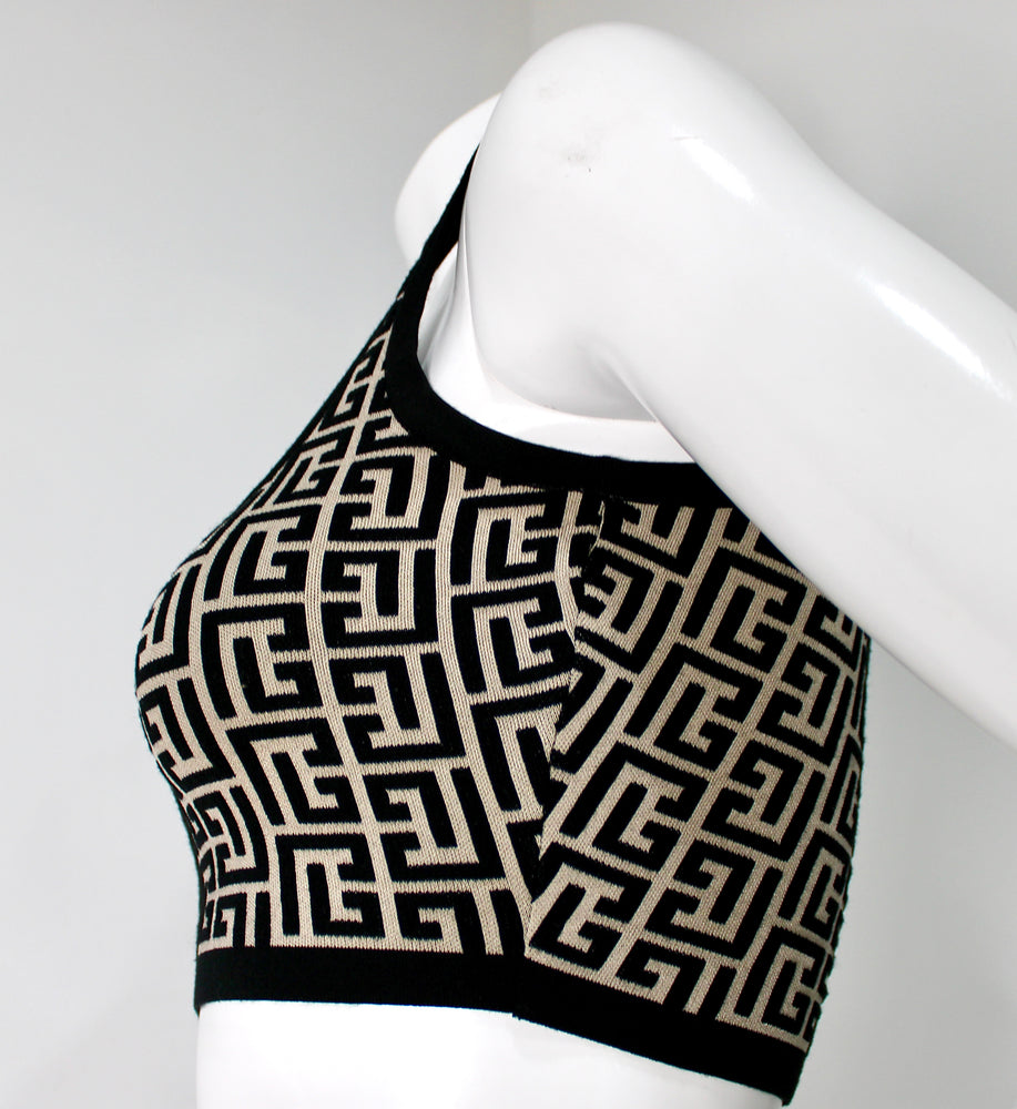 Balmain Jacquard Knit Monogram Cropped Knit Tank Top