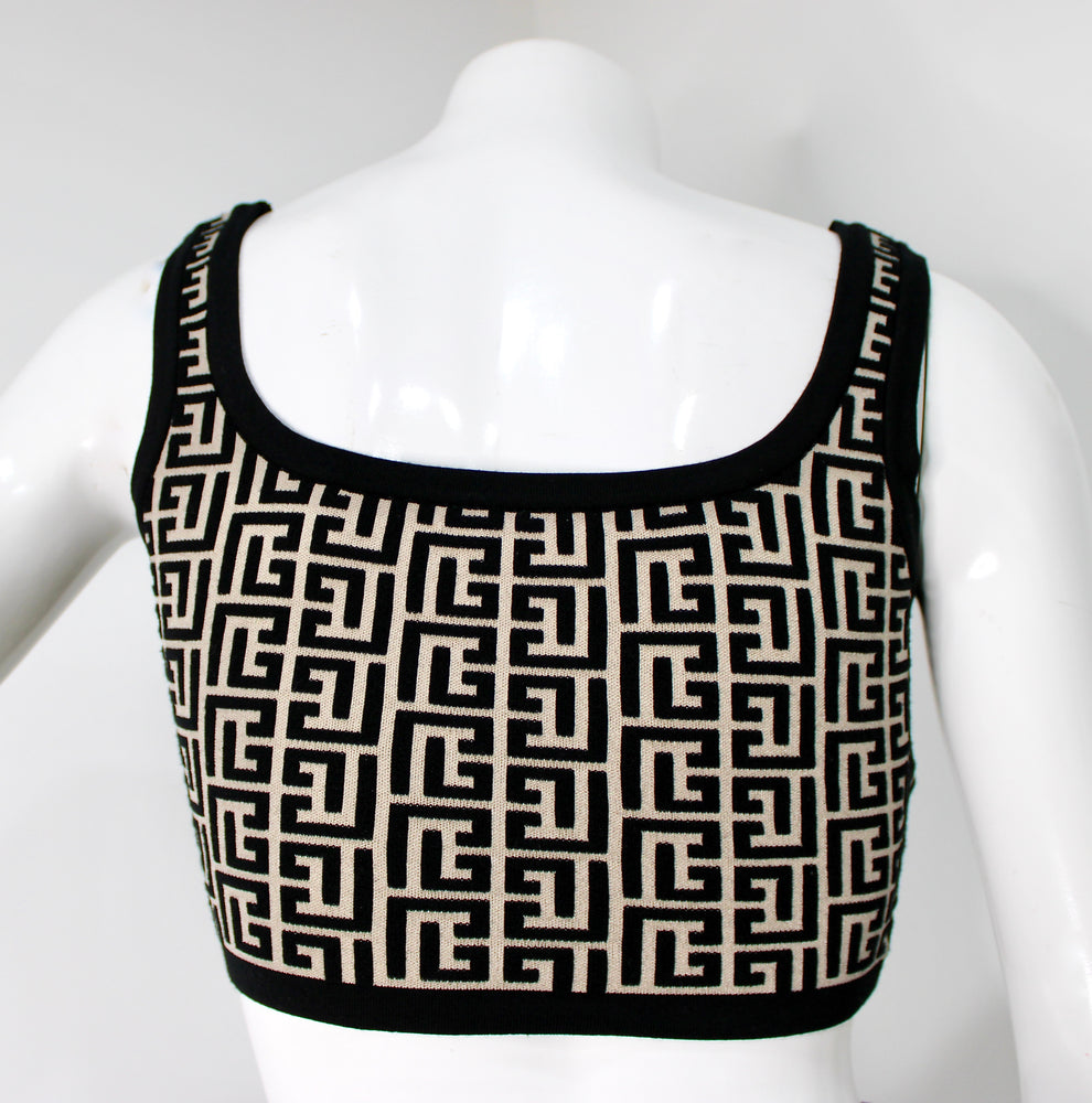 Balmain Jacquard Knit Monogram Cropped Knit Tank Top