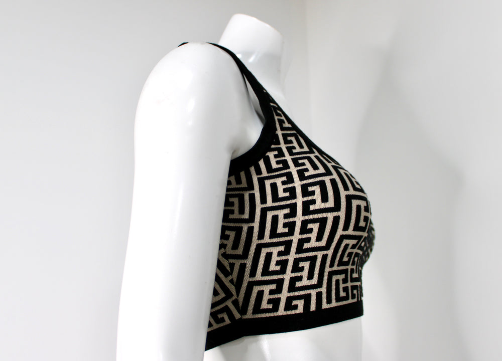Balmain Jacquard Knit Monogram Cropped Knit Tank Top