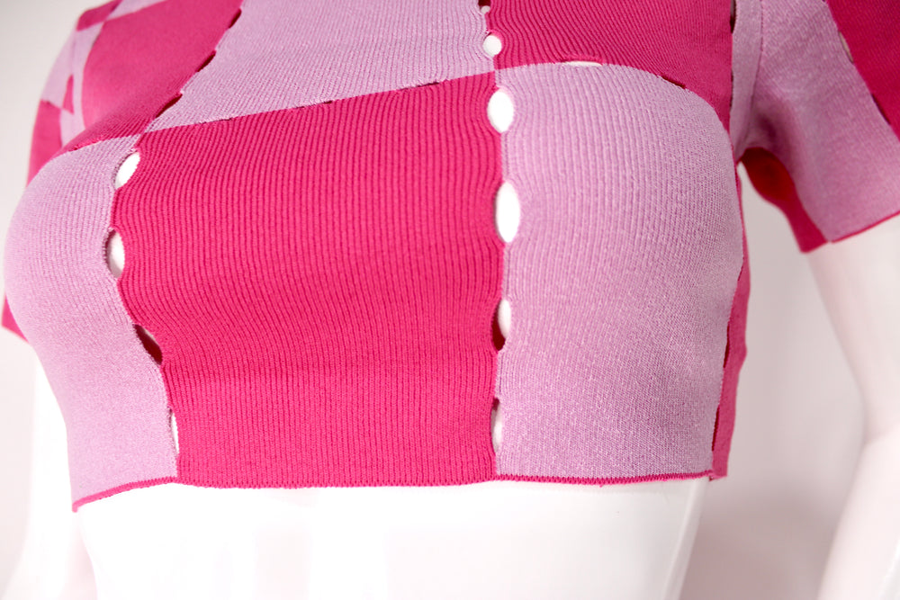 Jacquemus Le Maille Gelato Pink Checkered Knit Crop Top