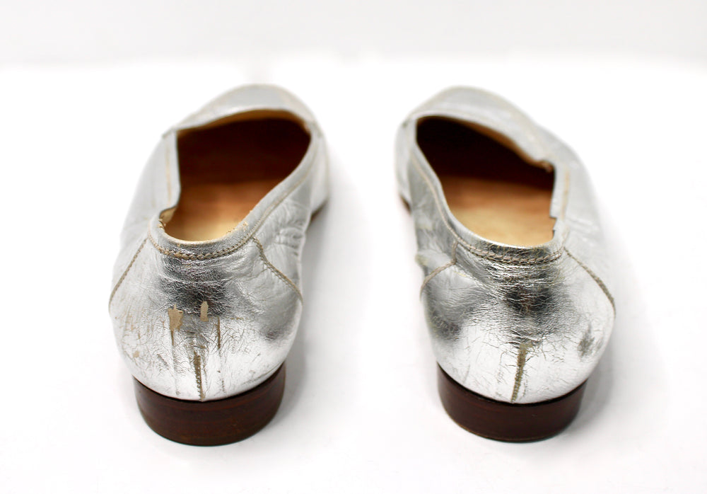 Chanel Silver Metallic Leather Interlocking CC Logo Loafers circa 1990s