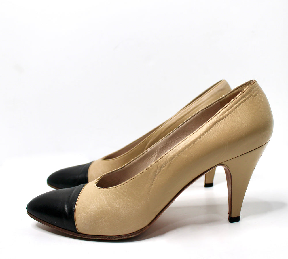 Chanel Beige & Black Cap Toe Leather Pumps