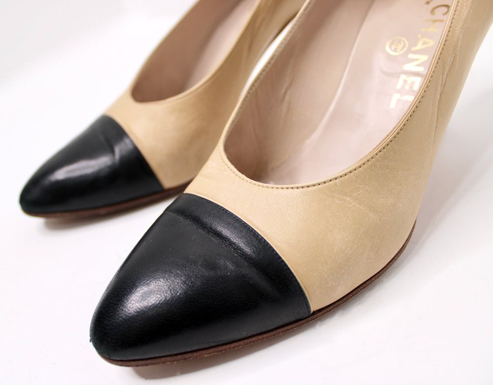 Chanel Beige & Black Cap Toe Leather Pumps