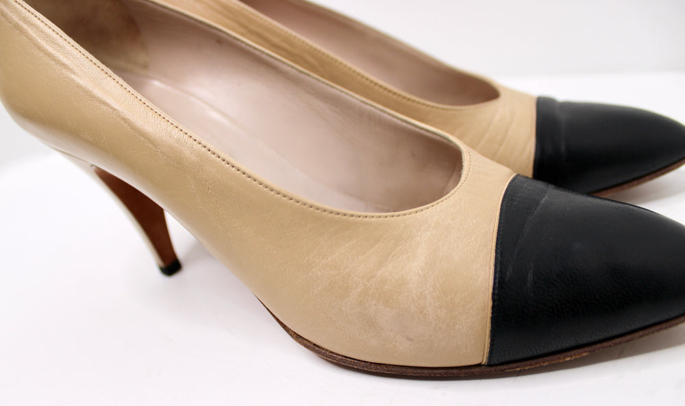 Chanel Beige & Black Cap Toe Leather Pumps
