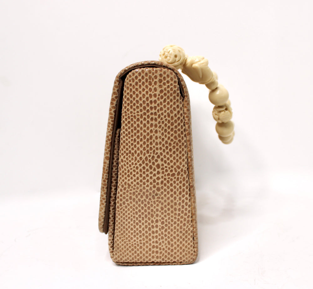 Tan Lizard Embossed Suede & Bone Bead Style Handbag circa 1960s